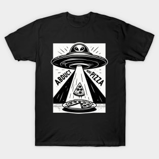 Alien UFO Pizza Abduction Linocut T-Shirt